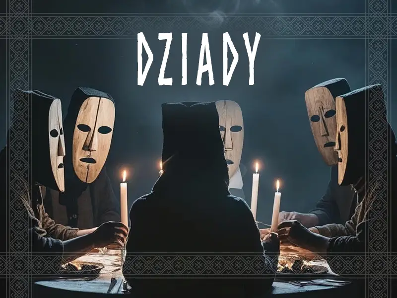 Grafika promująca Dziady Obrzęd Folkowe Ucho z osobami w drewnianych maskach (kraboszkach) siedzącymi przy stole ze świecami.